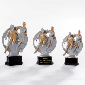 berin · Fussball Damen-Pokal · Resinfigur Fußball Damen · Silber Rosegold · Damenfußball Trophäe mit Wunschtext · wählbar in 3 Größen oder als 3er-Serie